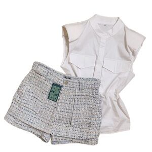 Blue mini skirt skort set and white button down top size 4 Small Meduim